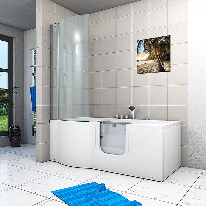 AcquaVapore Komplettdusche Fertigdusche S12D-TH-AIR-R-EC - 85 x 170 x 200 cm, Weiß - Weiße Walk-in-Badewanne mit Klarglas-Duschwand und Einstiegstür in einem modernen Badezimmer.