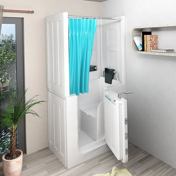 AcquaVapore Komplettdusche Fertigdusche S08D-C-R - Weiß - Weiße begehbare Duschkabine mit blauem Vorhang, Sitz und Haltegriffen, Tür für einfachen Zugang offen.