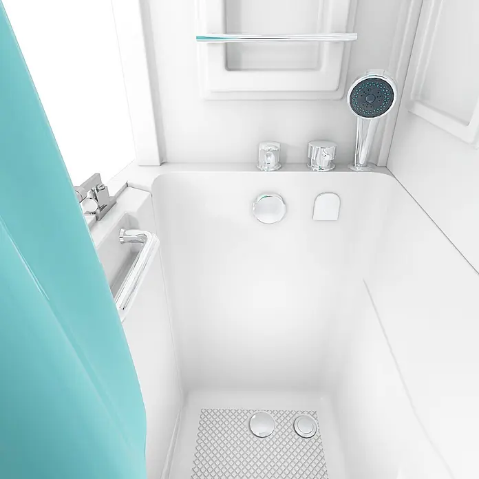 AcquaVapore Komplettdusche Fertigdusche S08D-C-R - Weiß - Weiße kompakte Dusch-Badewannen-Einheit mit Chromarmaturen und türkisem Duschvorhang. Mit Handbrause, Armaturen und rutschfestem Boden.