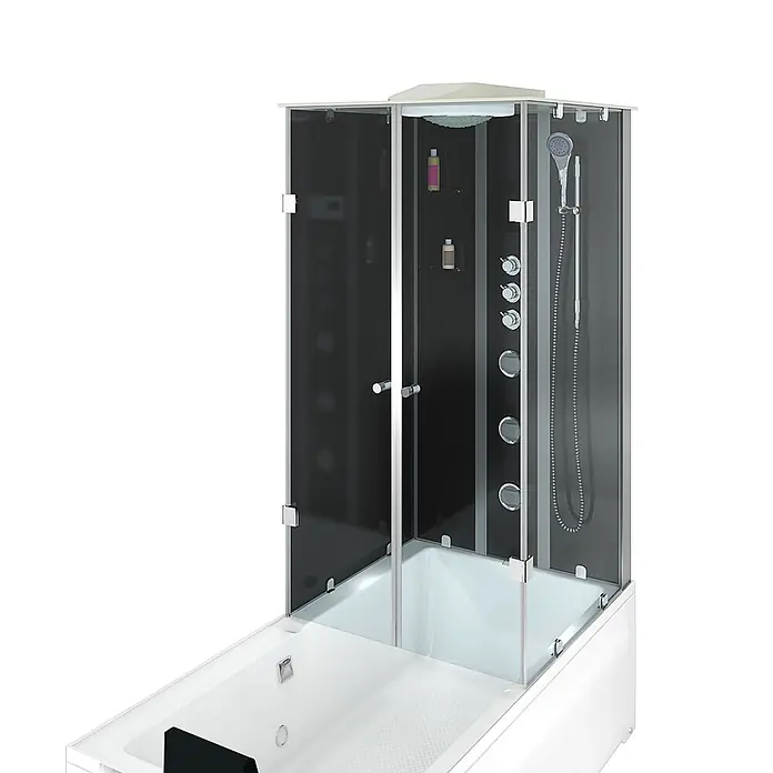 AcquaVapore Komplettdusche Fertigdusche K05-L32-EC - Schwarz - Weiße Badewanne mit schwarzer Duschkabine, Kopfbrause, Handbrause und Massagedüsen.