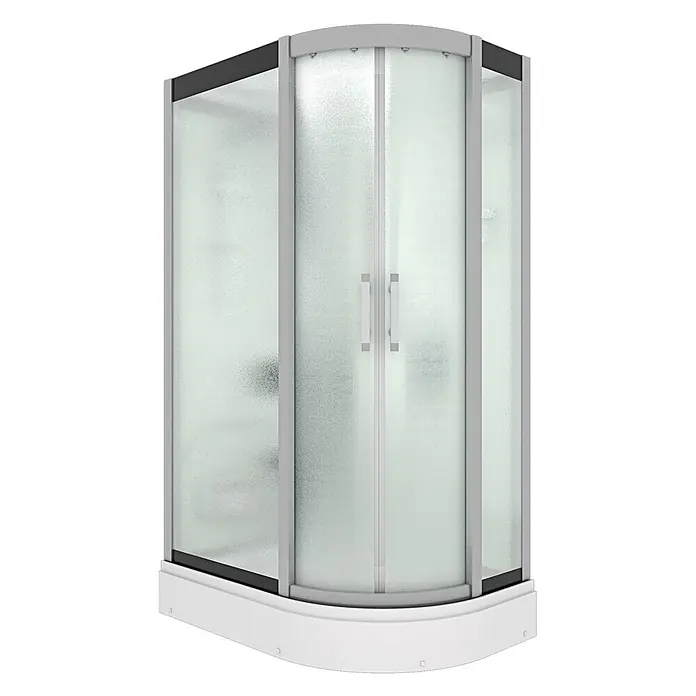 AcquaVapore Komplettdusche Dampfdusche D60-70M2R - Weiß - Viertelkreis-Duschkabine mit mattierten Glasplatten, grauem Rahmen, schwarzen Akzenten und weißer Basis, mit Schiebetüren.