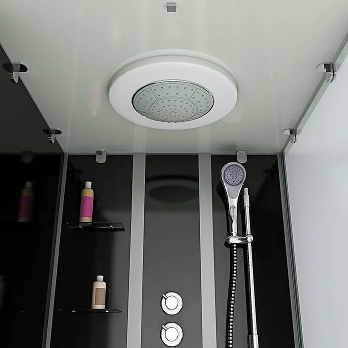 AcquaVapore Komplettdusche Fertigdusche K05-L32-WP - Schwarz - Modernes Duschkabinen-Interieur mit schwarzen und weißen Paneelen, Chrom-Regen- und Handbrausen, Bedienknöpfen und Ablagen für Toilettenartikel.