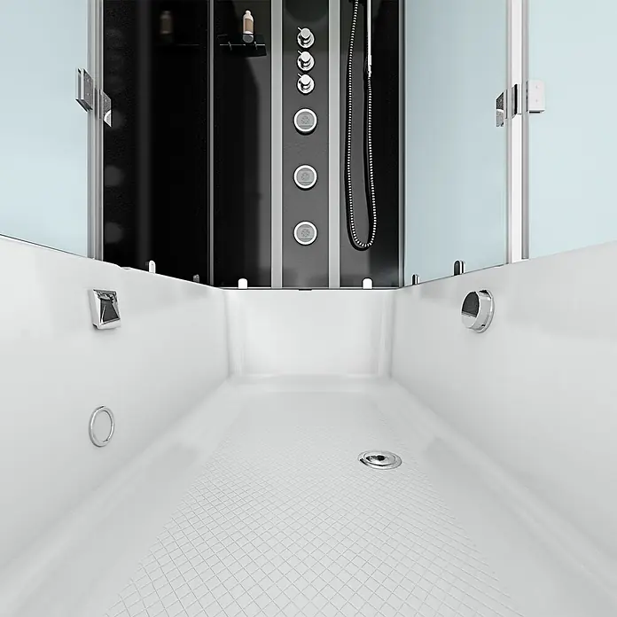 AcquaVapore Komplettdusche Fertigdusche K05-L32-EC - Schwarz - Moderne Duschkabine mit tiefer weißer Wanne, schwarzem Duschpaneel, Chromarmaturen und Glasabtrennung.