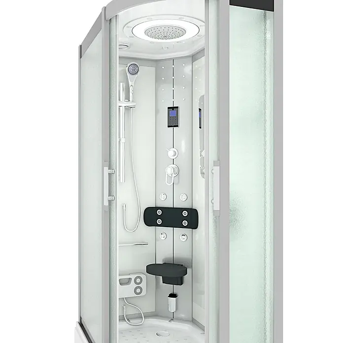 AcquaVapore Komplettdusche Dampfdusche D60-70M2R - Weiß - Moderne Dampfduschkabine mit Milchglas, Kopfbrause, Massagedüsen, digitaler Steuerung und klappbarem schwarzem Sitz.