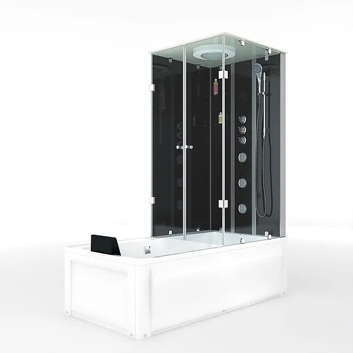 AcquaVapore Komplettdusche Fertigdusche K05-L32-EC - Schwarz - Moderne schwarz-weiße Dusch-Badewannen-Kombination mit Glasduschkabine und Massageduschpaneel.