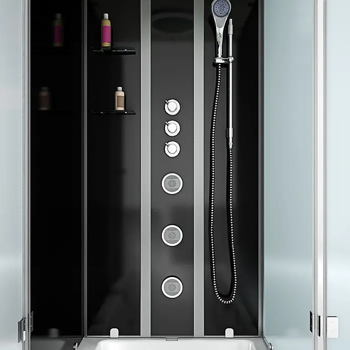 AcquaVapore Komplettdusche Fertigdusche K05-L32-WP - Schwarz - Moderne Duschkabine mit dunkler Platte, Chromarmaturen, Handbrause, Massagedüsen und Ablagen.