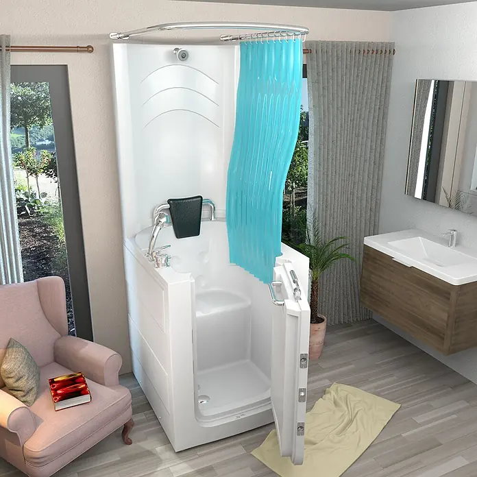 AcquaVapore Komplettdusche Fertigdusche S10D - 80 x 90 x 215 cm, Weiß - Weißer barrierefreier Einstiegsbadewanne mit Dusche, blauem Vorhang und Chromarmaturen in einem hellen Badezimmer.