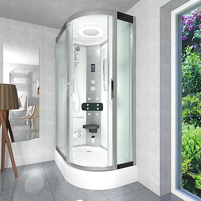 AcquaVapore Komplettdusche Dampfdusche D60-70M2R - Weiß - Moderne Eckduschkabine mit gebogenem Glas, weißem Sockel, Regendusche, Massagedüsen und Bedienfeld für ein modernes Badezimmer.