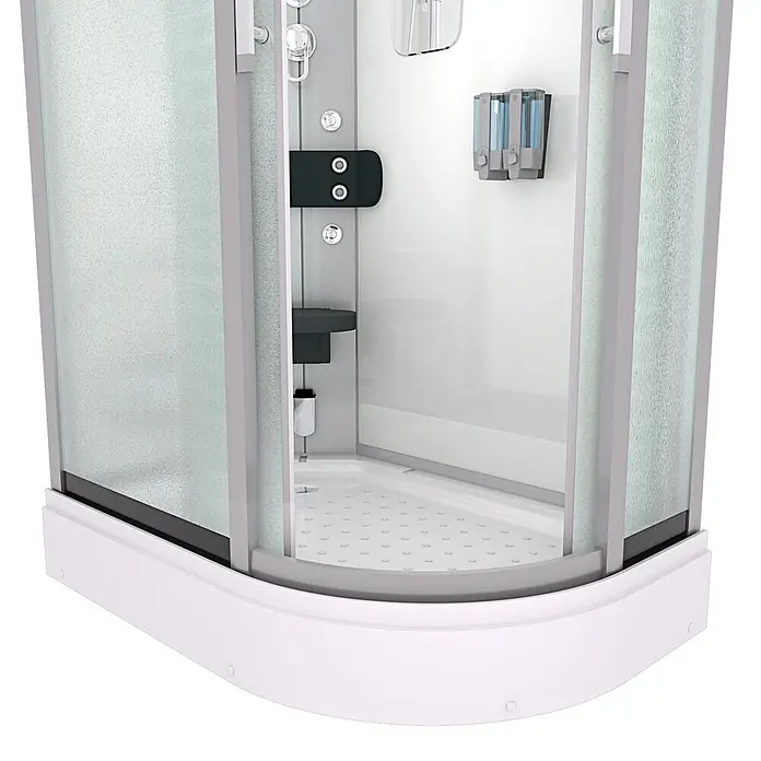 AcquaVapore Komplettdusche Dampfdusche D60-70M2R - Weiß - Eckduschkabine mit mattierten Glaspaneelen, weißer Basis und grauem Rahmen. Verfügt über Bedienfeld und Wandseifenspender.