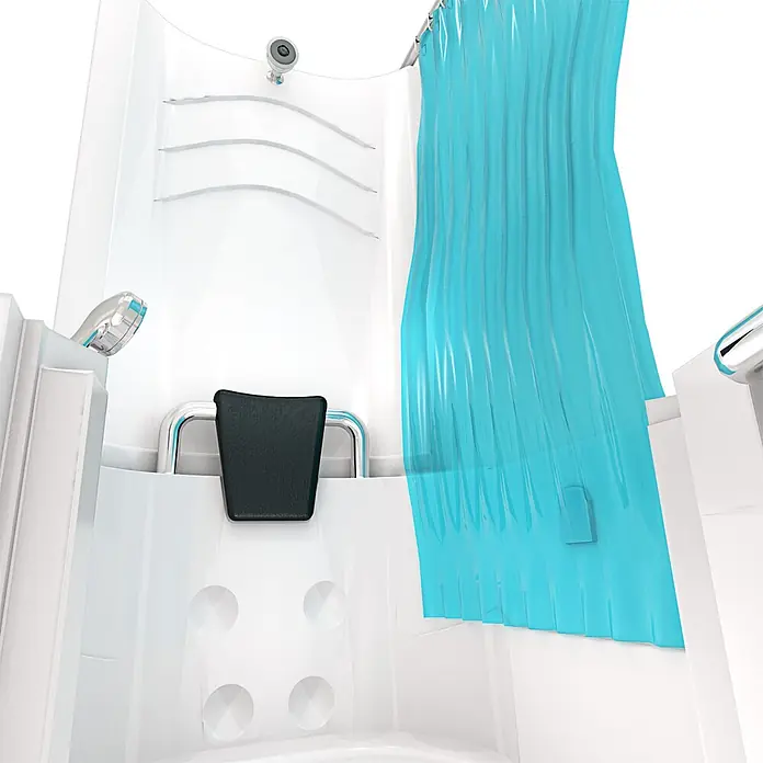 AcquaVapore Komplettdusche Fertigdusche S10D - 80 x 90 x 215 cm, Weiß - Weiße barrierefreie Duschkabine mit blauem Vorhang, Chrom-Duschkopf und integriertem schwarzem Sitz.