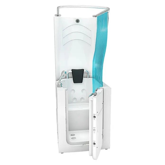 AcquaVapore Komplettdusche Fertigdusche S10D - 80 x 90 x 215 cm, Weiß - Weiße begehbare Dusch- und Badewannenkombination mit offener Tür, integriertem schwarzem Sitz und blauem Duschvorhang für barrierefreies Baden.