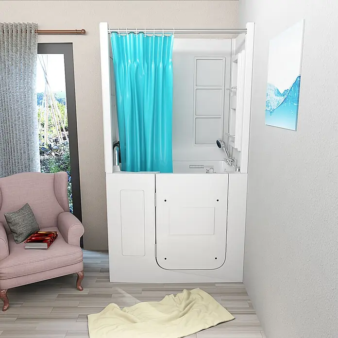 AcquaVapore Komplettdusche Fertigdusche S08D-C-L - 110 x 68 x 205 cm, Weiß - Weiße begehbare Badewanne mit türkisem Duschvorhang, konzipiert für einfachen Zugang und komfortables Baden in einem modernen Zuhause.