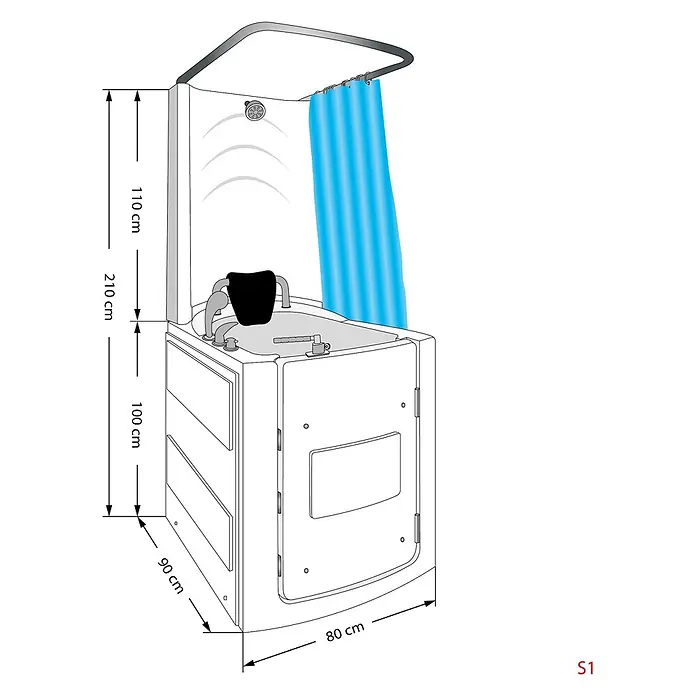 AcquaVapore Komplettdusche Fertigdusche S10D - 80 x 90 x 215 cm, Weiß - Weiße barrierefreie Dusch-Badewannen-Kombination mit integriertem Sitz und blauem Vorhang, Maße gezeigt.