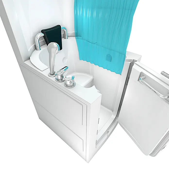 AcquaVapore Komplettdusche Fertigdusche S10D - 80 x 90 x 215 cm, Weiß - Weißes kompaktes All-in-One-Badmodul mit Waschbecken, Chromarmaturen und blauem Duschvorhang.