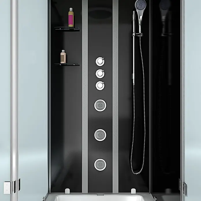 AcquaVapore Komplettdusche Fertigdusche K05-R32-WP - Schwarz - Moderner Duschkabinen-Innenraum mit schwarzen und silbernen Paneelen, integrierten Massagedüsen, Bedienelementen und Handbrause.