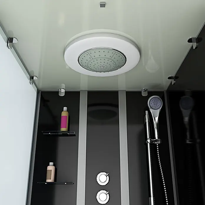 AcquaVapore Komplettdusche Fertigdusche K05-R32-EC - Schwarz - Moderner Duschkabinen-Innenraum mit Regenduschkopf, Handbrause, Bedienelementen und Ablagen, in Schwarz, Weiß und Chrom.