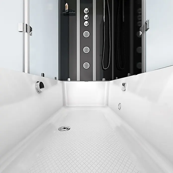AcquaVapore Komplettdusche Fertigdusche K05-R32-EC - Schwarz - Weiße Badewanne mit rutschfestem Boden, integriert in eine Duschkabine mit schwarzem Bedienfeld und Duschköpfen.