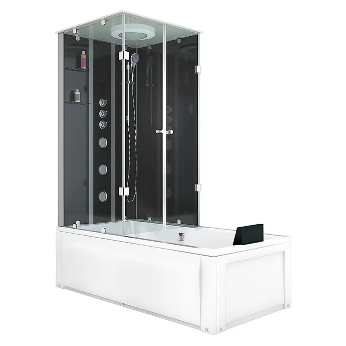 AcquaVapore Komplettdusche Fertigdusche K05-R32-WP - Schwarz - Kombinierte Dusch- und Badewanneneinheit mit Glasabtrennung, dunkler Rückwand mit Massagedüsen und weißer Acrylbadewanne.