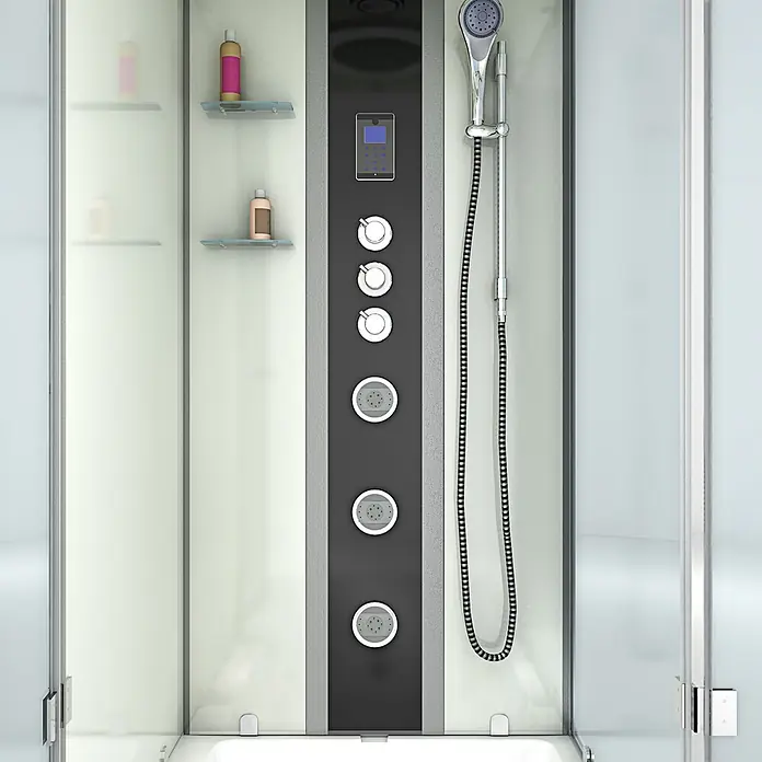 AcquaVapore Komplettdusche Fertigdusche K05-L03 - 180 x 90 x 225 cm, Weiß - Moderne Duschkabine mit schwarzem und grauem Bedienfeld, digitalem Bildschirm, Chromknöpfen, Massagedüsen, Handbrause und Glasablagen.
