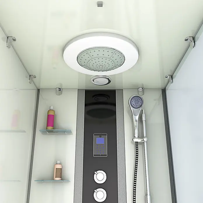 AcquaVapore Komplettdusche Fertigdusche K05-L03 - 180 x 90 x 225 cm, Weiß - Moderner Duschkabinen-Innenraum mit Kopfbrause, Handbrause, digitalem Bedienfeld und Glasablagen.