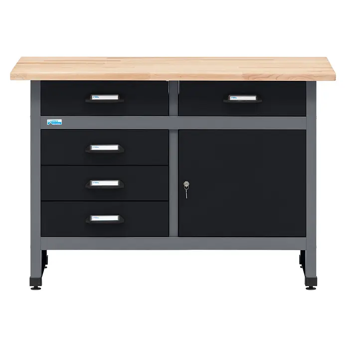 Küpper Werkbank - L x B: 120 x 60 cm, Arbeitshöhe: 84 cm, Belastbarkeit: 300 kg, Silbergrau, Anzahl Schubladen: 5 Stk.