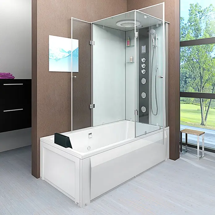 AcquaVapore Komplettdusche Fertigdusche K05-L03 - 180 x 90 x 225 cm, Weiß - Weiße Badewanne mit integrierter Glasduschkabine mit Regendusche, Handbrause und Massagedüsen im modernen Badezimmer.
