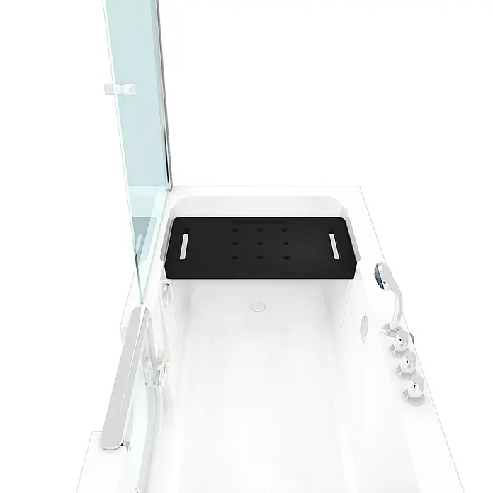 AcquaVapore Komplettdusche Fertigdusche S15D-TH-R - 150 x 75 x 215 cm, Weiß - Weiße begehbare Badewanne mit klarer Glasabtrennung und schwarzer rutschfester Sitzmatte, mit Chromarmaturen.
