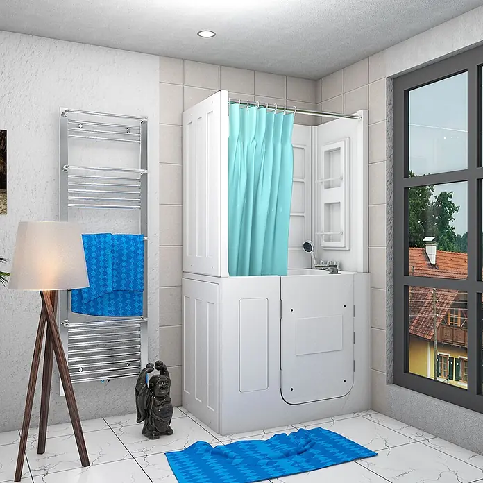 AcquaVapore Komplettdusche Fertigdusche S08D-TH-C-L - Weiß - Weiße Badewanne mit Einstieg und blauem Duschvorhang in einem modernen Bad, mit Fokus auf barrierefreies Baden.