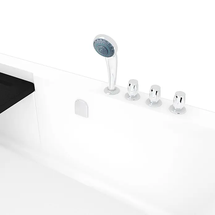 AcquaVapore Komplettdusche Fertigdusche S15D-TH-R - 150 x 75 x 215 cm, Weiß - Weiße Badewanne mit integrierter Chrom-Handbrause, drei Chrom-Bedienknöpfen und einer dunkelgrauen Platte.