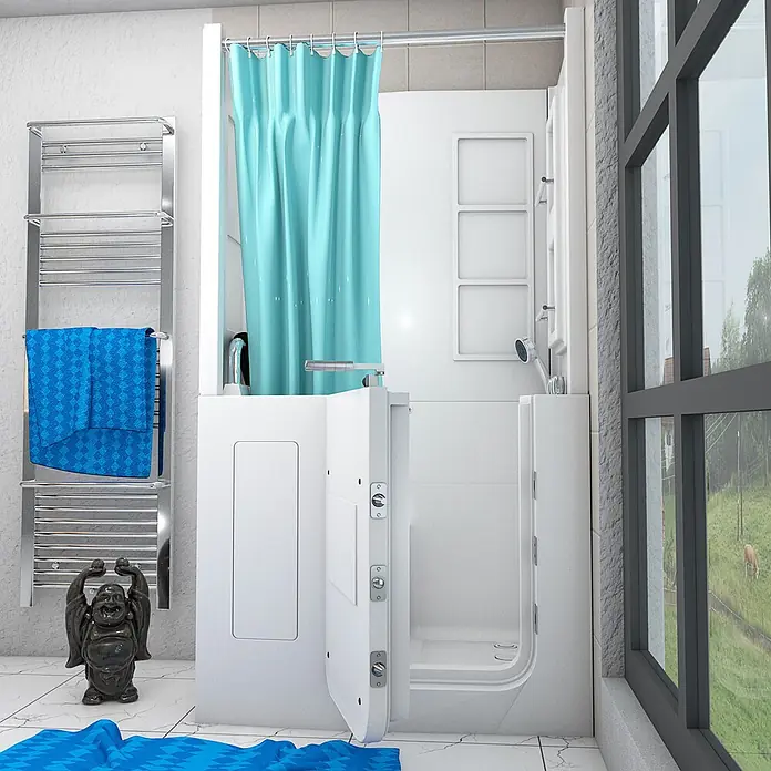AcquaVapore Komplettdusche Fertigdusche S08D-TH-C-L - Weiß - Weiße barrierefreie Badewanne mit Tür und Dusche, blauem Duschvorhang, in einem modernen Badezimmer.