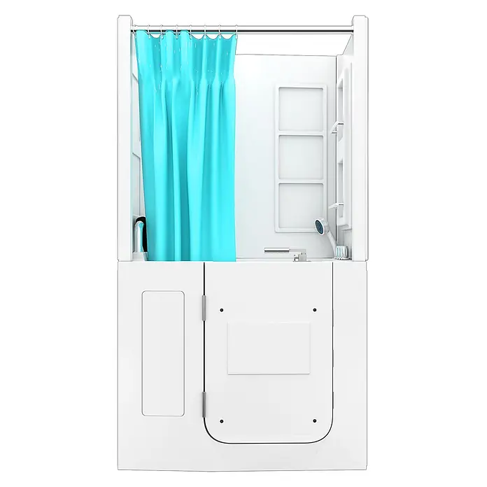 AcquaVapore Komplettdusche Fertigdusche S08D-TH-C-L - 110 x 68 x 205 cm, Weiß - Weiße begehbare Badewanne und Duscheinheit mit hellblauem Duschvorhang und barrierefreien Funktionen.