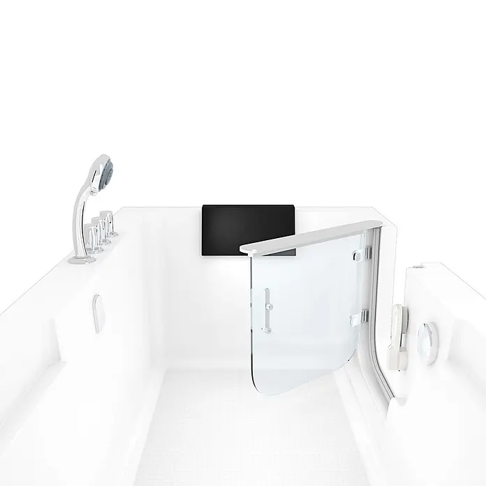 AcquaVapore Komplettdusche Fertigdusche S15D-TH-R - 150 x 75 x 215 cm, Weiß - Weiße Badewanne mit Einstieg, Chrom-Duschkopf, Armaturen, offener Glastür und schwarzer Kopfstütze.