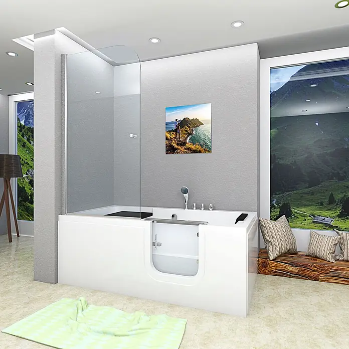 AcquaVapore Komplettdusche Fertigdusche S15D-TH-R - 150 x 75 x 215 cm, Weiß - Weißer barrierefreier Walk-in Badewanne mit integrierter Glasdusche in einem modernen Badezimmer.