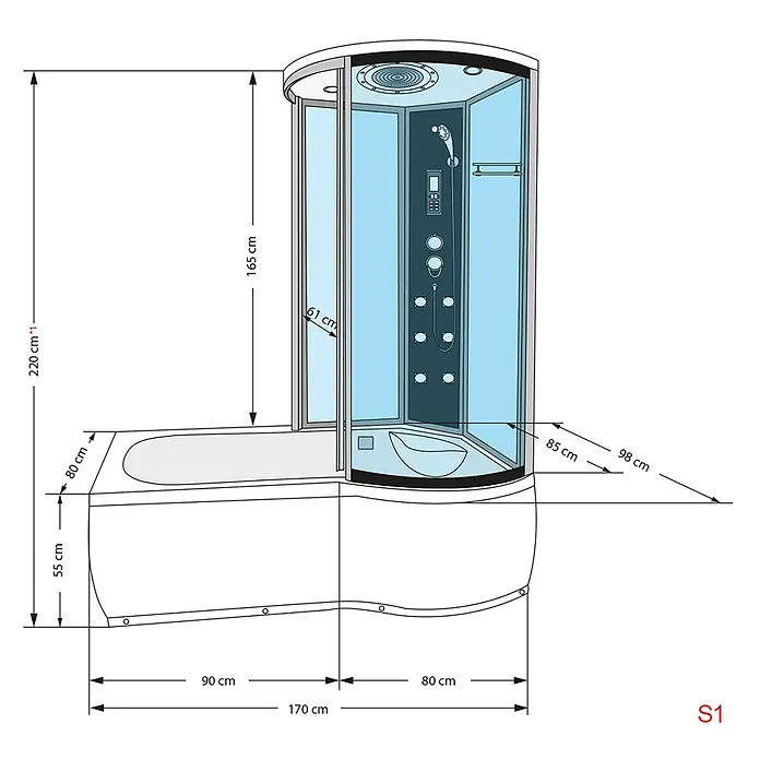 AcquaVapore Komplettdusche Fertigdusche K55-L03 - 170 x 98 x 220 cm, Weiß - Weiße Eckbadewanne mit integrierter Duschkabine aus Klarglas. Die Dusche hat ein Paneel mit Massagedüsen und Kopfbrause, Maße sind angegeben.