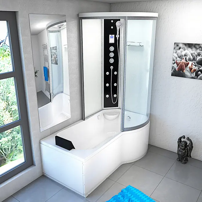 AcquaVapore Komplettdusche Fertigdusche K55-L03 - Weiß - Weiße integrierte Dusch-Badewanne mit schwarzem Bedienfeld und Glasduschkabine in einem modernen Badezimmer.