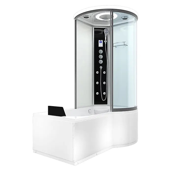 AcquaVapore Komplettdusche Fertigdusche K55-L03 - Weiß - Weiße Duschkabine mit Badewanne, schwarzem Bedienfeld und Klarglastüren.