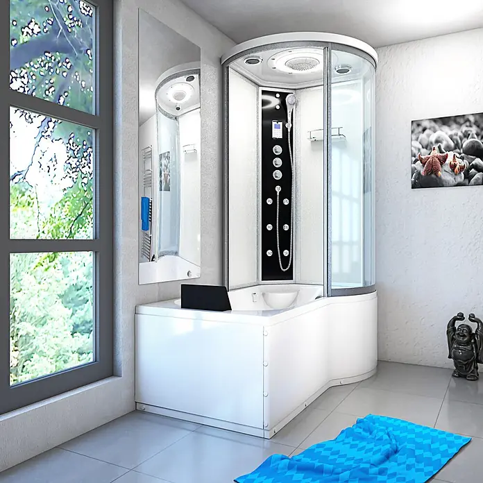 AcquaVapore Komplettdusche Fertigdusche K55-L03 - Weiß - Weiße Eckduschkabine mit integrierter Badewanne, Glasabtrennung und schwarzem Bedienfeld im modernen Bad.