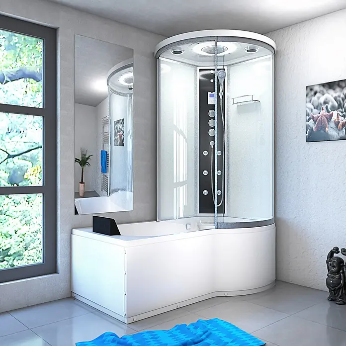 AcquaVapore Komplettdusche Fertigdusche K55-L03 - Weiß - Moderne weiße Eckduschkabine mit integrierter Badewanne und schwarzem Bedienfeld, in einem hellen Badezimmer.