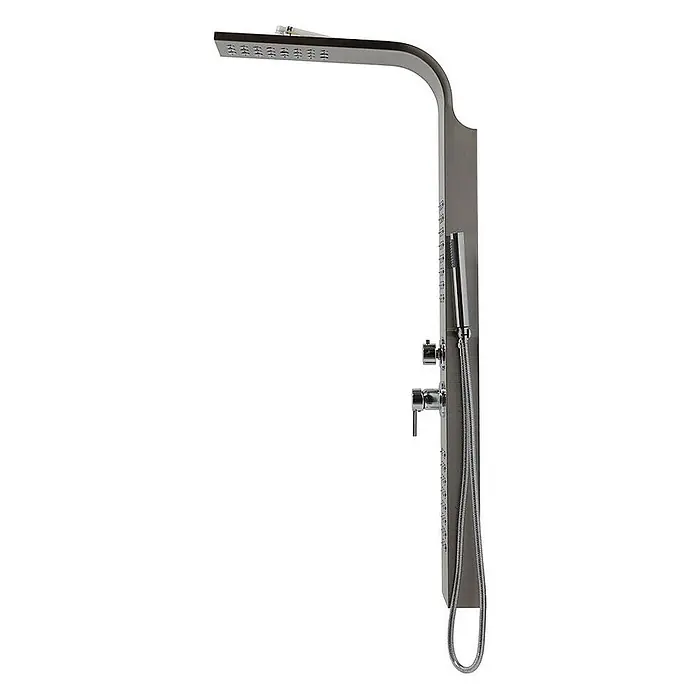 Kiamami Valentina Duschpaneel - Höhe: 1.250 cm, Chrom - Modernes Duschpaneel aus gebürstetem Metall in Grau mit Kopf- und Handbrause sowie Bedienelementen.