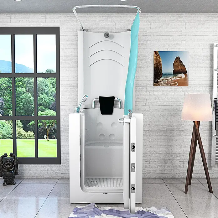 AcquaVapore Komplettdusche Fertigdusche S10D-TH - 80 x 90 x 215 cm, Weiß - Weiße begehbare Duschkabine mit Tür, integriertem Sitz und blauem Duschvorhang, für barrierefreies Duschen.