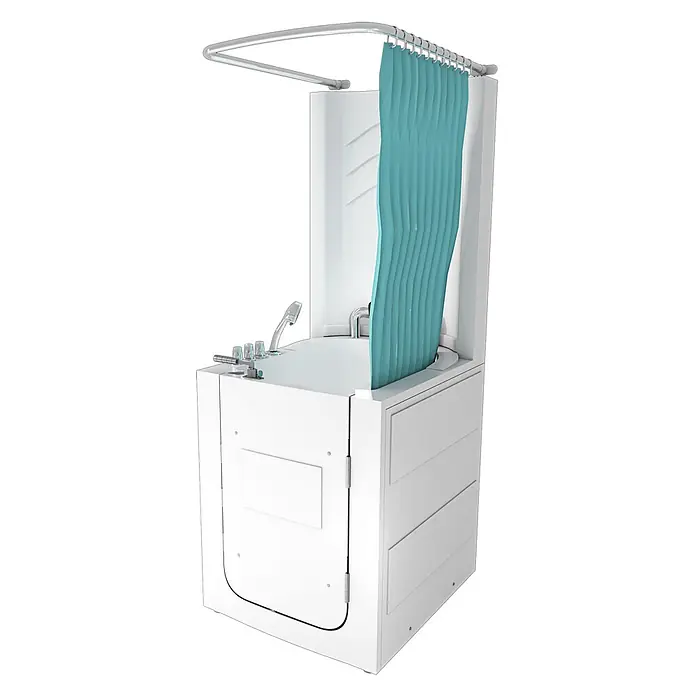 AcquaVapore Komplettdusche Fertigdusche S10D-TH - 80 x 90 x 215 cm, Weiß - Weiße begehbare Badewanne mit türkisfarbenem Duschvorhang, Chromarmaturen und seitlicher Einstiegstür.