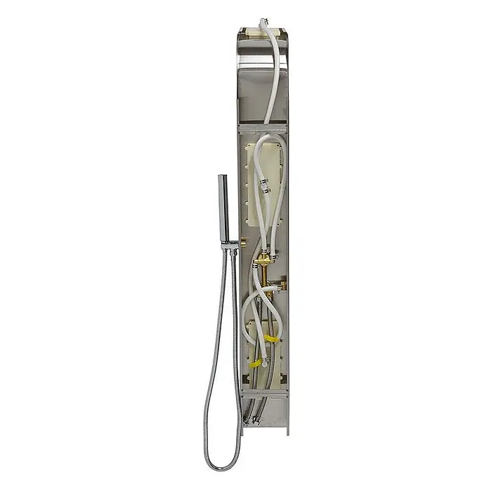 Kiamami Valentina Duschpaneel - Höhe: 1.250 cm, Chrom - Duschpaneel aus Edelstahl, Rückansicht mit internen Schläuchen, Messingarmaturen und Handbrause.