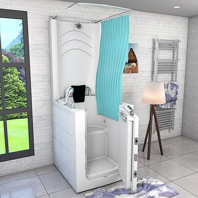 AcquaVapore Komplettdusche Fertigdusche S10D-TH - 80 x 90 x 215 cm, Weiß - Weißes begehbares Duschbad mit barrierefreier Tür, blauem Vorhang und integriertem Sitz, in modernem Badezimmer.