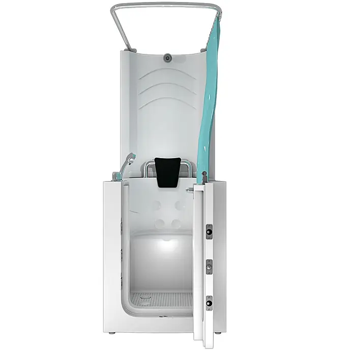 AcquaVapore Komplettdusche Fertigdusche S10D-TH - 80 x 90 x 215 cm, Weiß - Weißes barrierefreies Dusch-Badewannen-Kombigerät mit offener Tür, schwarzem Sitz und türkisfarbenem Vorhang.