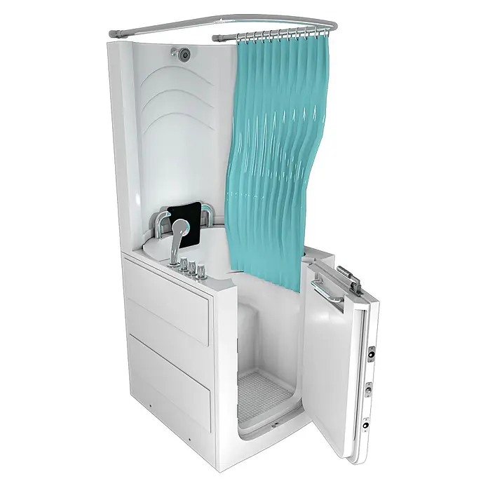 AcquaVapore Komplettdusche Fertigdusche S10D-TH - 80 x 90 x 215 cm, Weiß - Weiße begehbare Badewanne-Dusch-Kombination mit teilweise geöffneter Tür, integriertem Sitz, Armatur, Duschkopf und hellblauem Duschvorhang.