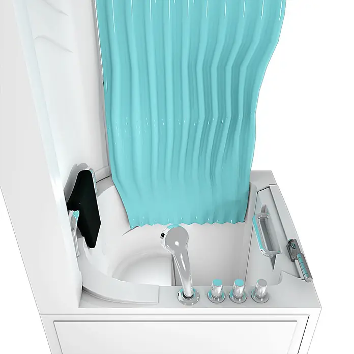 AcquaVapore Komplettdusche Fertigdusche S10D-TH - 80 x 90 x 215 cm, Weiß - Weiße barrierefreie Badewanne mit blauem Duschvorhang, Chrom-Handbrause und Bedienknöpfen.