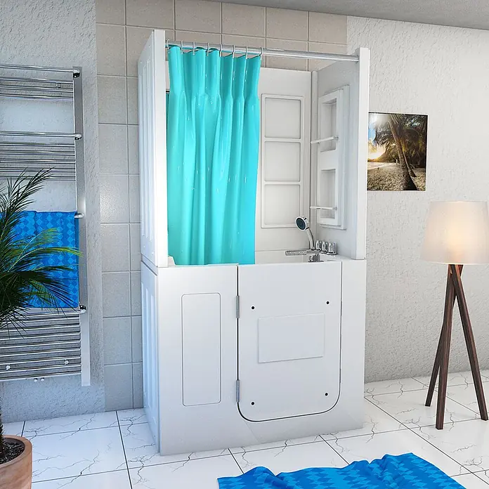AcquaVapore Komplettdusche Fertigdusche S08D-TH-B-L - Weiß - Weiße barrierefreie Badewanne mit Einstieg, integrierter Dusche und türkisfarbenem Vorhang.