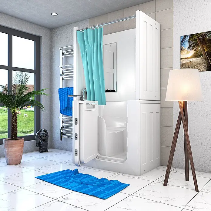 AcquaVapore Komplettdusche Fertigdusche S08D-TH-B-L - Weiß - Weiße barrierefreie Duschkabine mit offener Tür und türkisfarbenem Vorhang in einem modernen Badezimmer.
