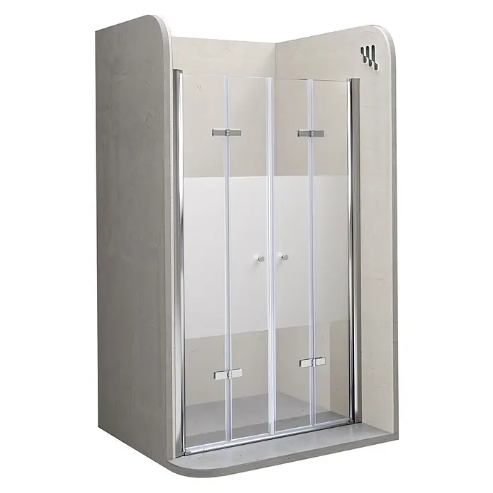i-flair Dusch-Falttür DTSMF76 - 76 x 195 cm, Beschichtet, Silber, Glasstärke: 6 mm - Duschkabine mit klaren und satinierten Glas-Falttüren, Chromrahmen und Griffen, auf einer grauen Duschwanne.