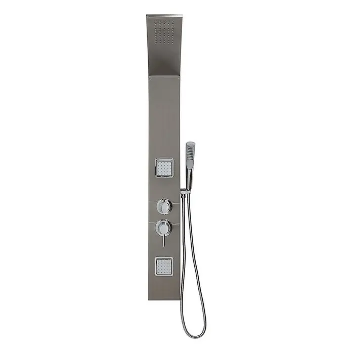Kiamami Valentina Duschpaneel - Höhe: 1.250 cm, Chrom - Gebürstetes Edelstahl-Duschpaneel mit Kopfbrause, zwei Massagedüsen, einer Handbrause und zwei Bedienknöpfen.